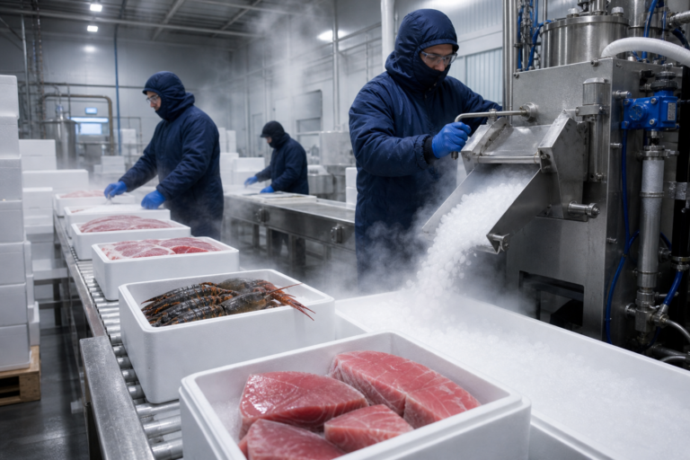 Gli operai in tute protettive caricano frutti di mare e carne in contenitori isolati su una linea di produzione congelata